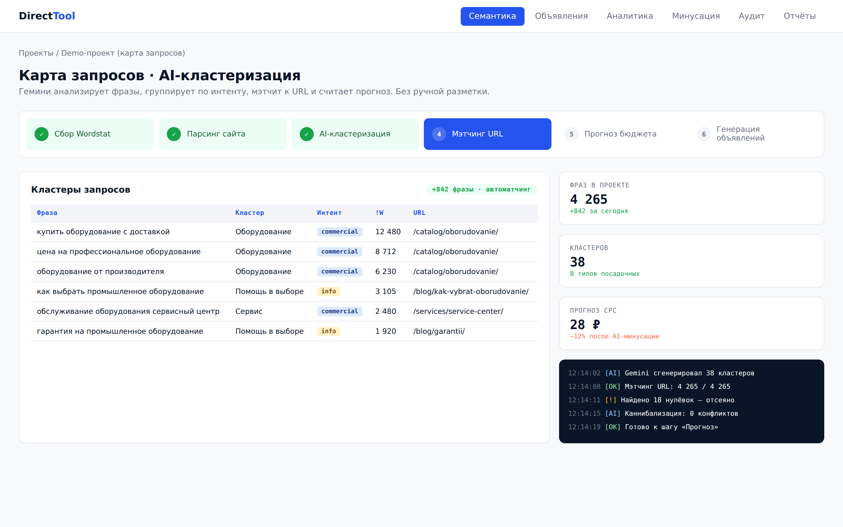 Интерфейс DirectTool: AI-кластеризация запросов с stepper и логом операций